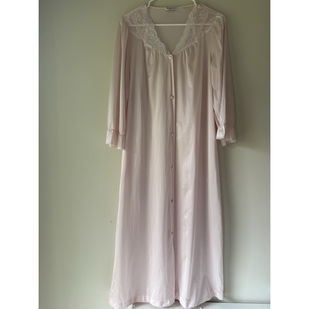 VTG Vanity Fair Satin Robe Women's Small Pink House Dress Lace Cottage USA